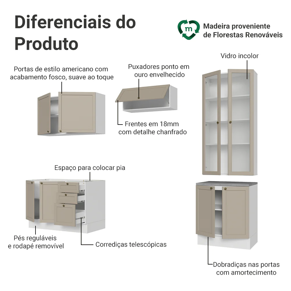 Armário de Cozinha Completa 270 cm Branco/Crema Vik Madesa 06 - Image 4