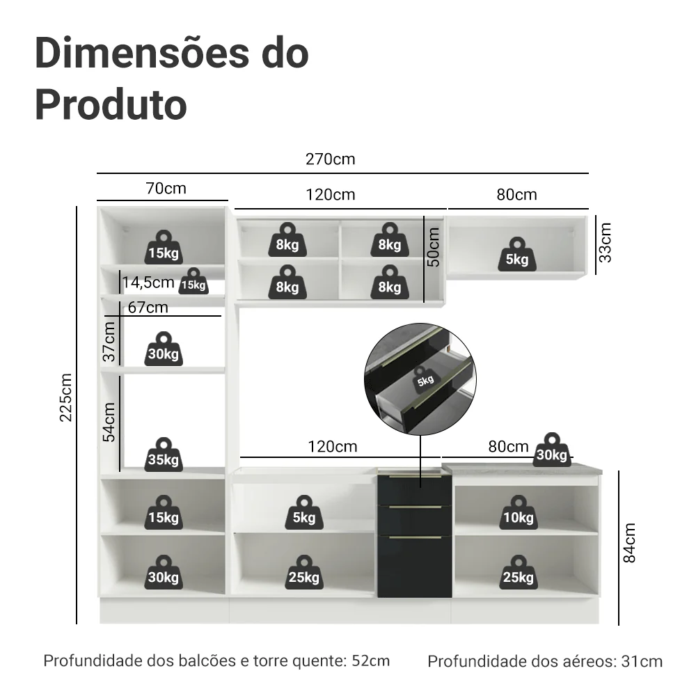 Armário de Cozinha Completa 270 cm Branco/Preto Lux Madesa 05 - Image 3