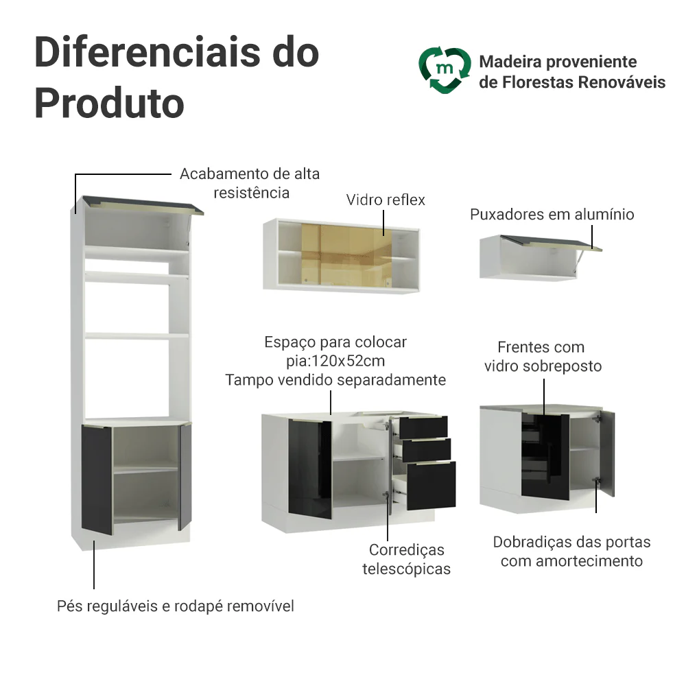 Armário de Cozinha Completa 270 cm Branco/Preto Lux Madesa 05 - Image 4