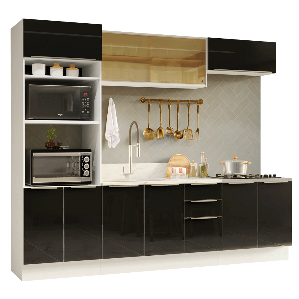 Armário de Cozinha Completa 270 x 60 cm Branco/Preto Lux Madesa 06 - Image 2