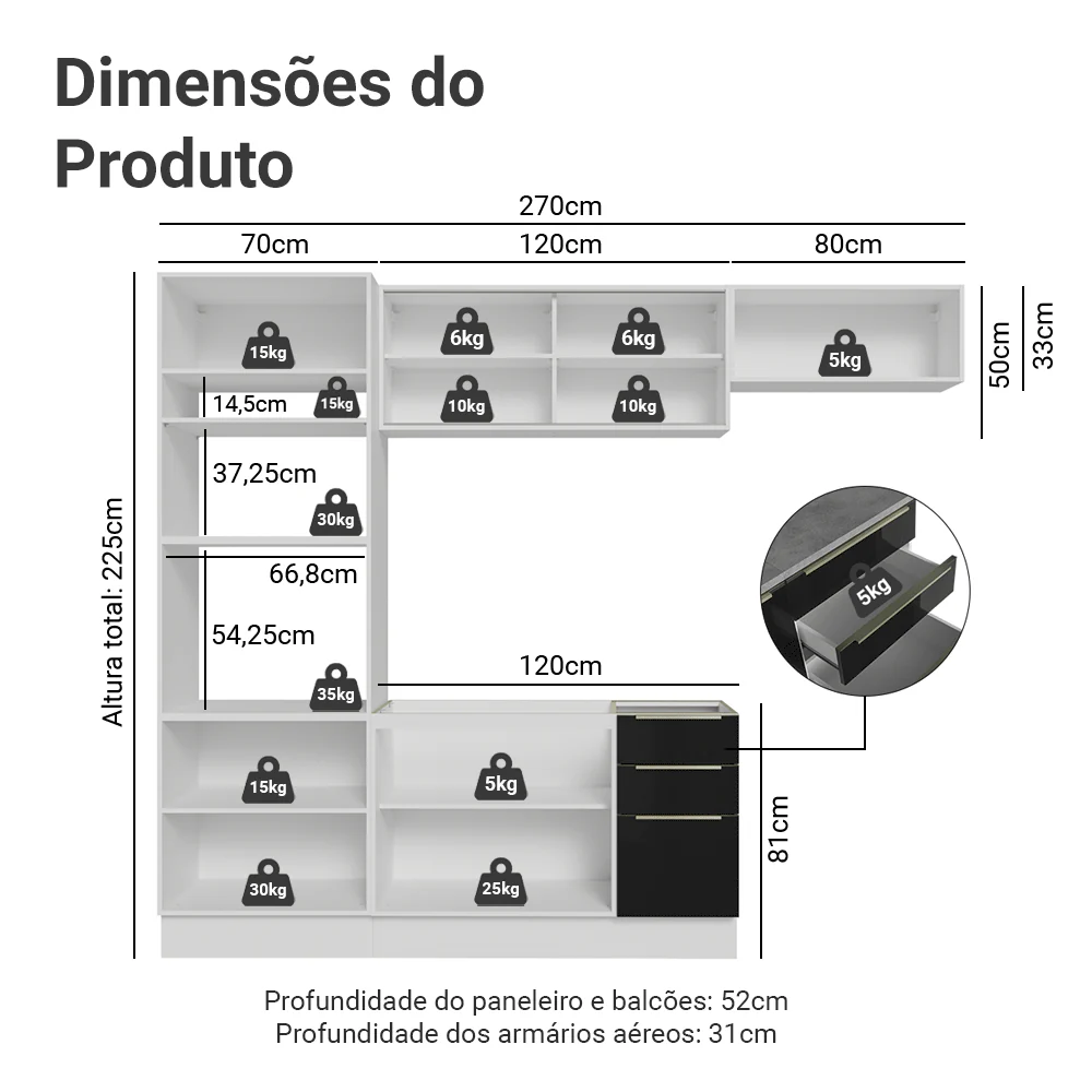 Armário de Cozinha Completa 270 cm Branco/Preto Lux Madesa 07 - Image 3