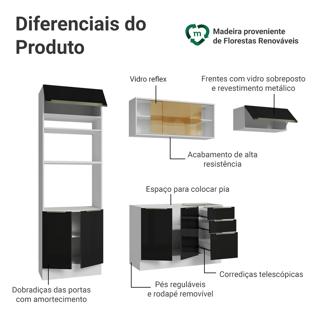 Armário de Cozinha Completa 270 cm Branco/Preto Lux Madesa 07 - Image 4