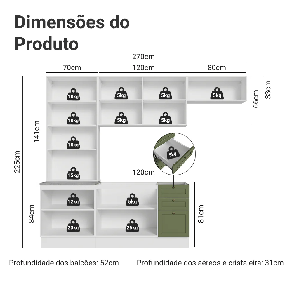 Armário de Cozinha Completa 270 cm Branco/Verde Vik Madesa 05 - Image 3