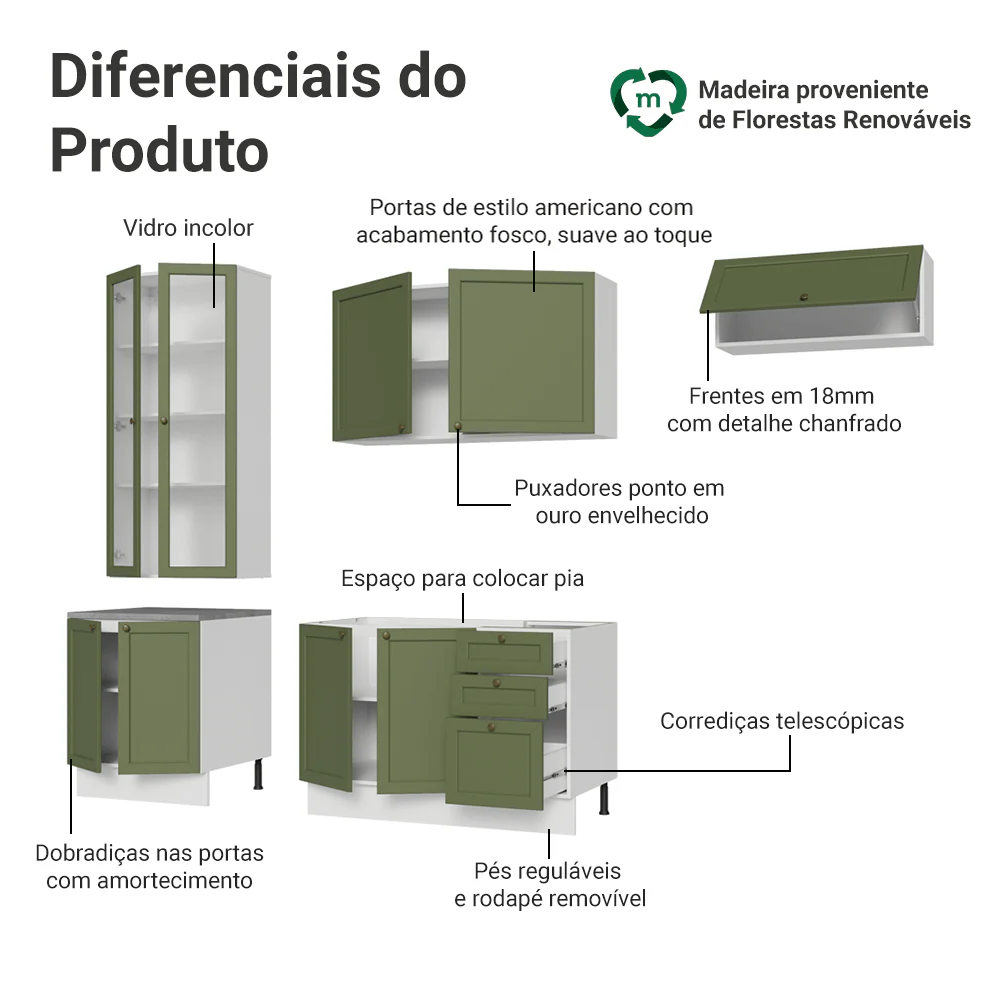 Armário de Cozinha Completa 270 cm Branco/Verde Vik Madesa 05 - Image 4