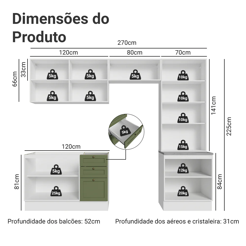 Armário de Cozinha Completa 270 cm Branco/Verde Vik Madesa 06 - Image 3