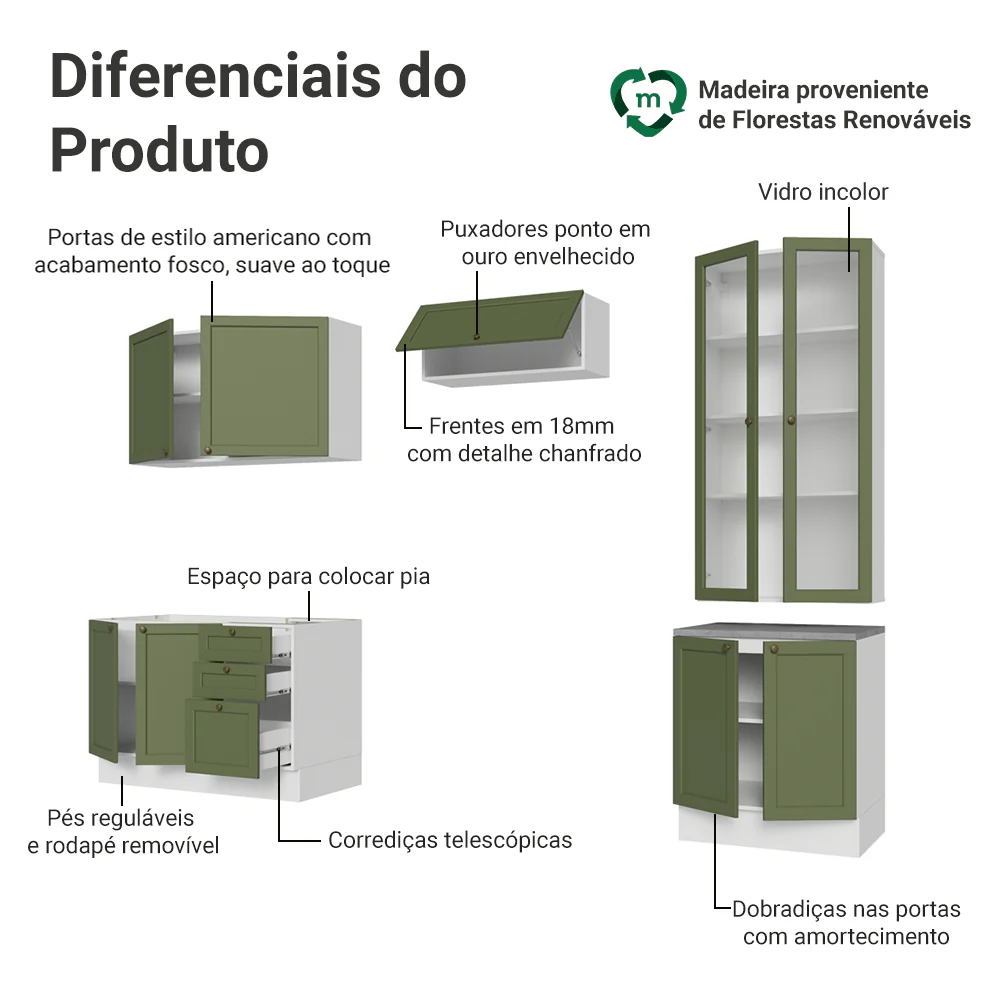 Armário de Cozinha Completa 270 cm Branco/Verde Vik Madesa 06 - Image 4