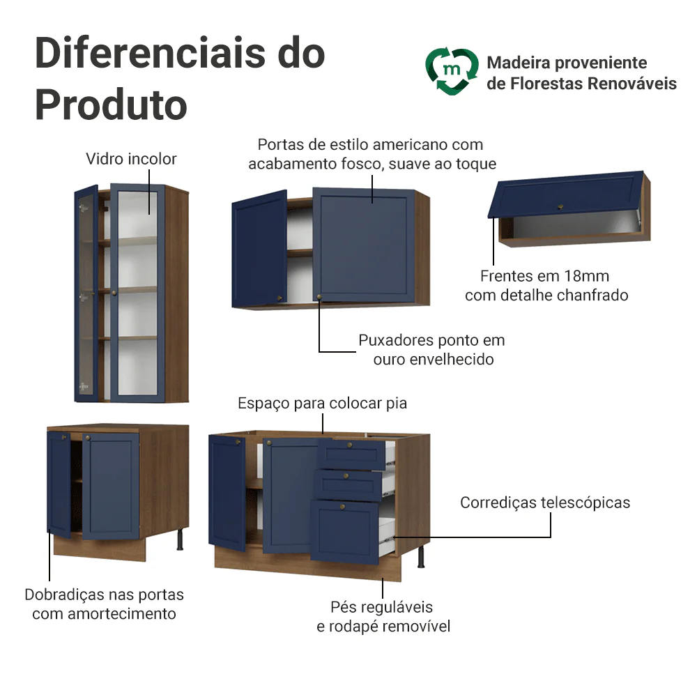 Armário de Cozinha Completa 270 cm Rustic/Azul Vik Madesa 05 - Image 4