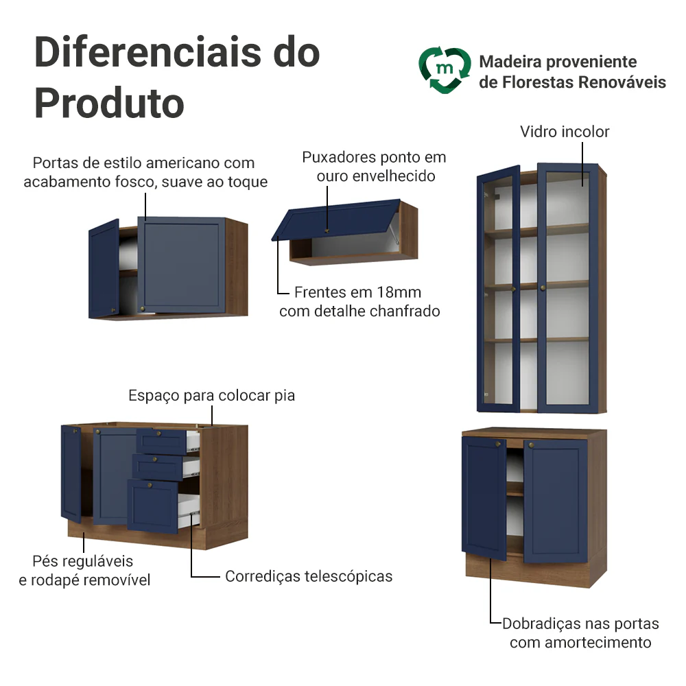 Armário de Cozinha Completa 270 cm Rustic/Azul Vik Madesa 06 - Image 4