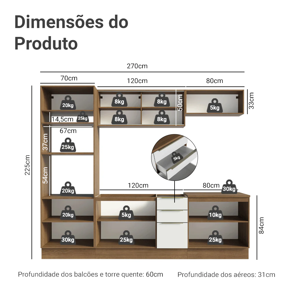 Armário de Cozinha Completa 270 x 60 cm Rustic/Branco Veludo Lux Madesa 06 - Image 3