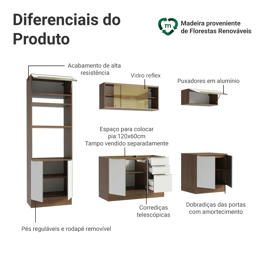 Armário de Cozinha Completa 270 x 60 cm Rustic/Branco Veludo Lux Madesa 06 - Image 4