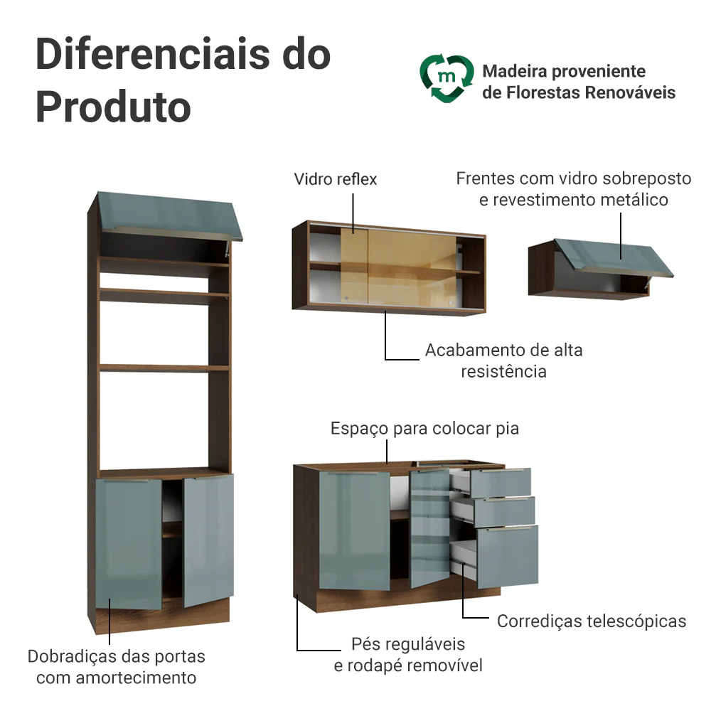 Armário de Cozinha Completa 270 cm Rustic/Cinza Lux Madesa 07 - Image 4