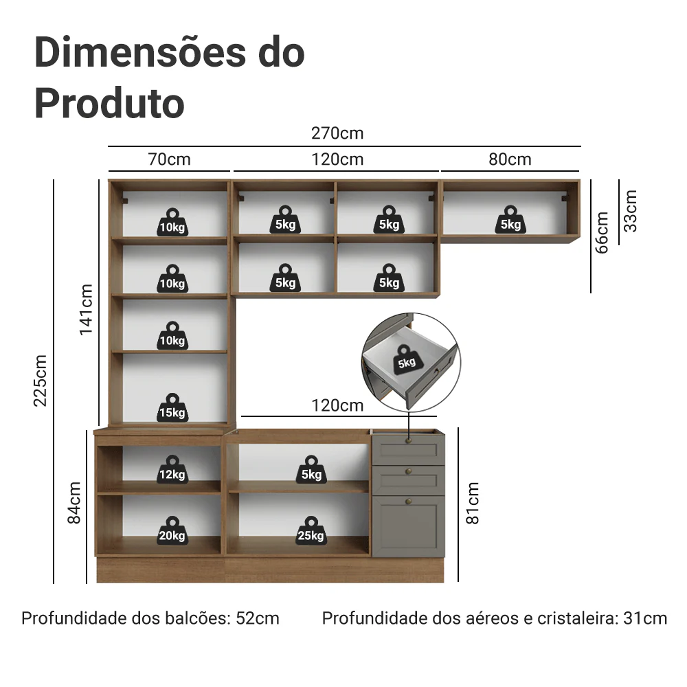 Armário de Cozinha Completa 270 cm Rustic/Cinza Vik Madesa 05 - Image 3
