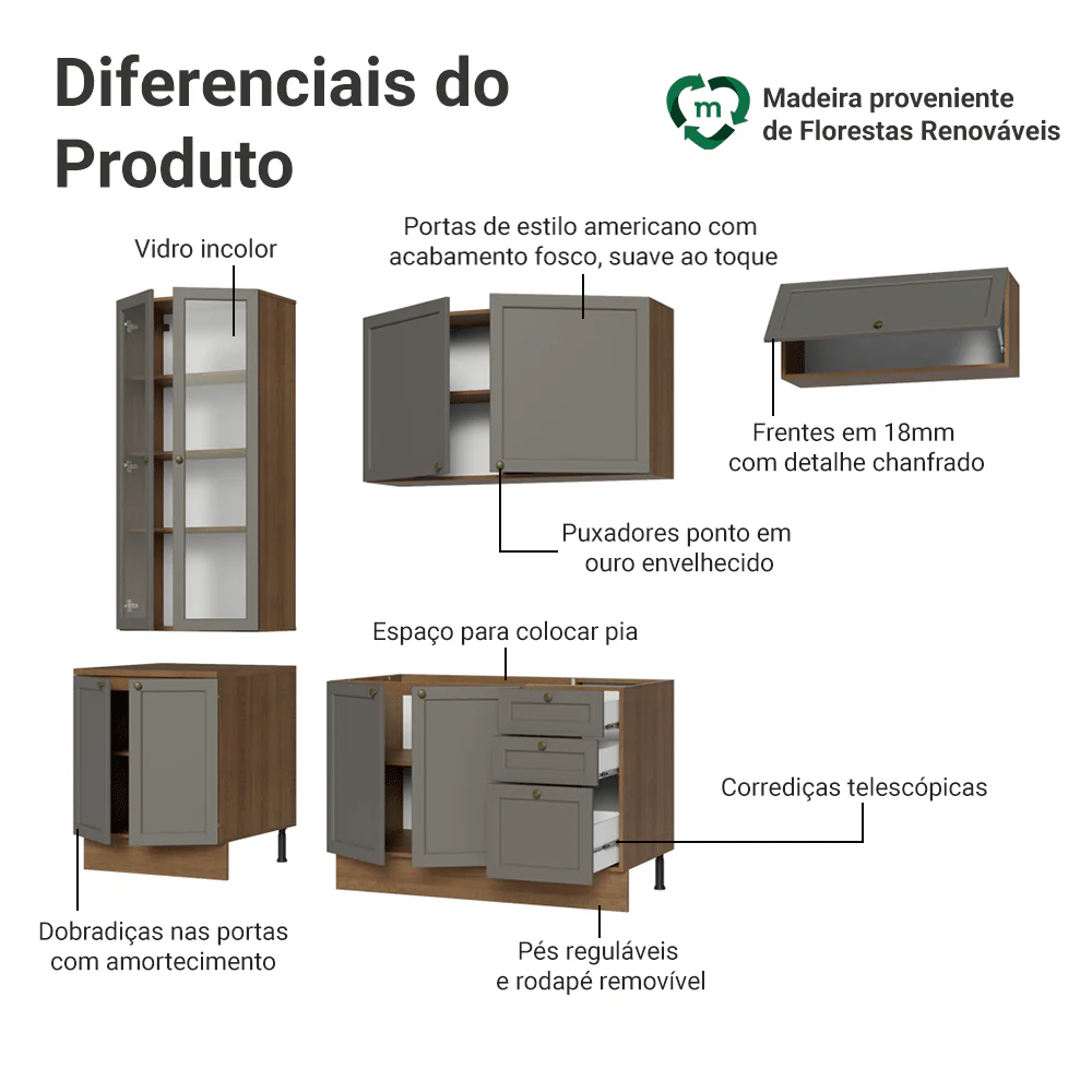 Armário de Cozinha Completa 270 cm Rustic/Cinza Vik Madesa 05 - Image 4