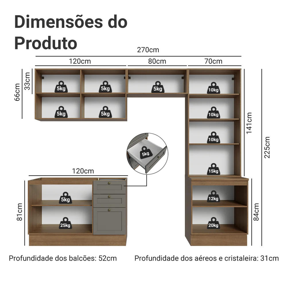 Armário de Cozinha Completa 270 cm Rustic/Cinza Vik Madesa 06 - Image 3