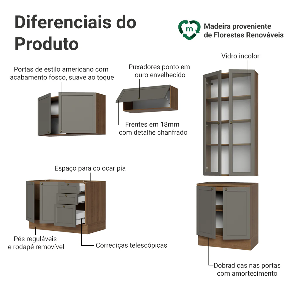 Armário de Cozinha Completa 270 cm Rustic/Cinza Vik Madesa 06 - Image 4