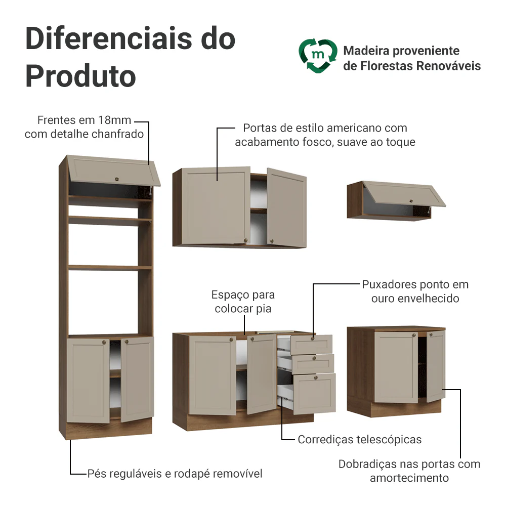 Armário de Cozinha Completa 270 cm Rustic/Crema Vik Madesa 01 - Image 4