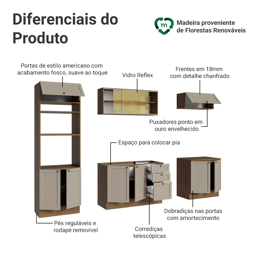 Armário de Cozinha Completa 270 cm Rustic/Crema Vik Madesa 02 - Image 4