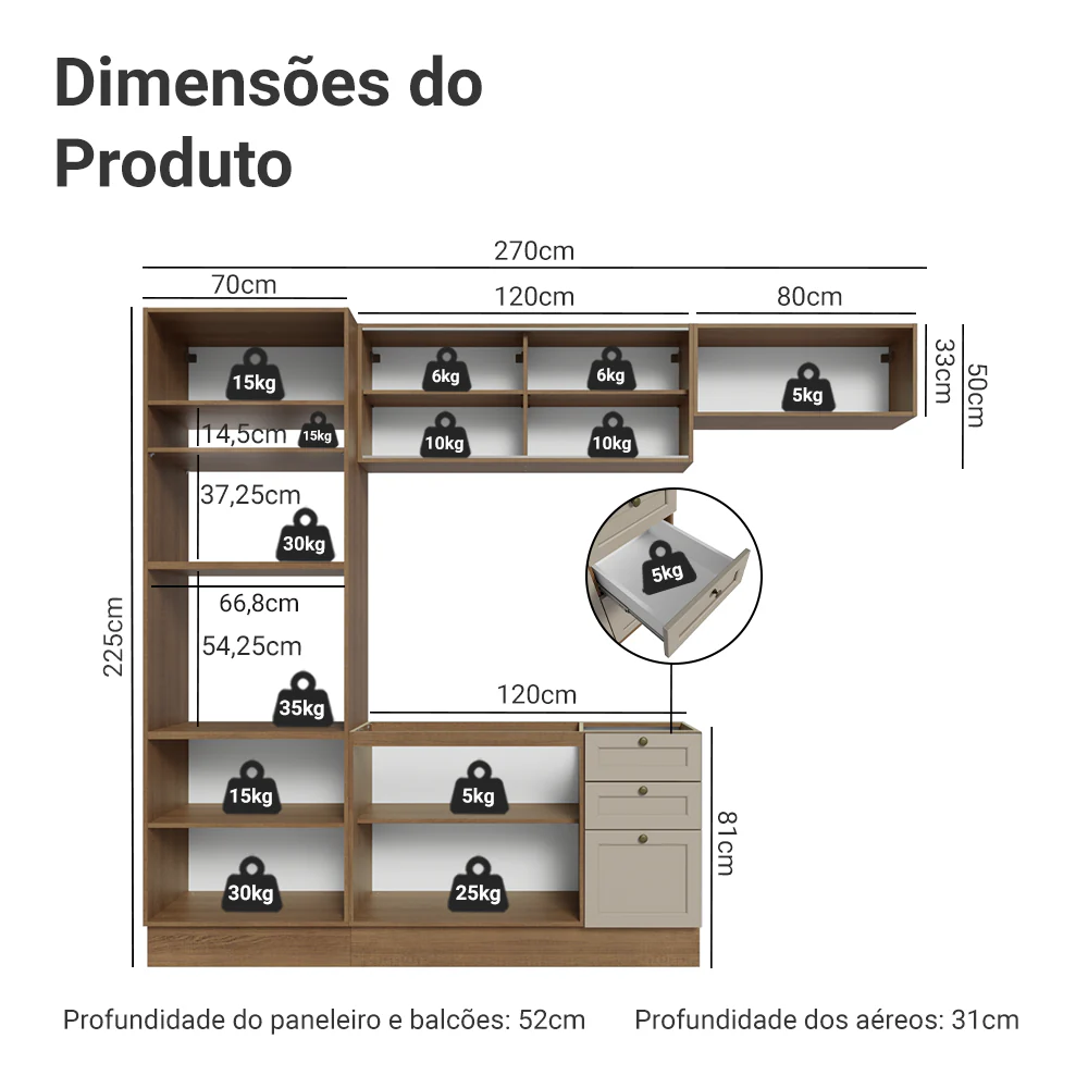 Armário de Cozinha Completa 270 cm Rustic/Crema Vik Madesa 03 - Image 3