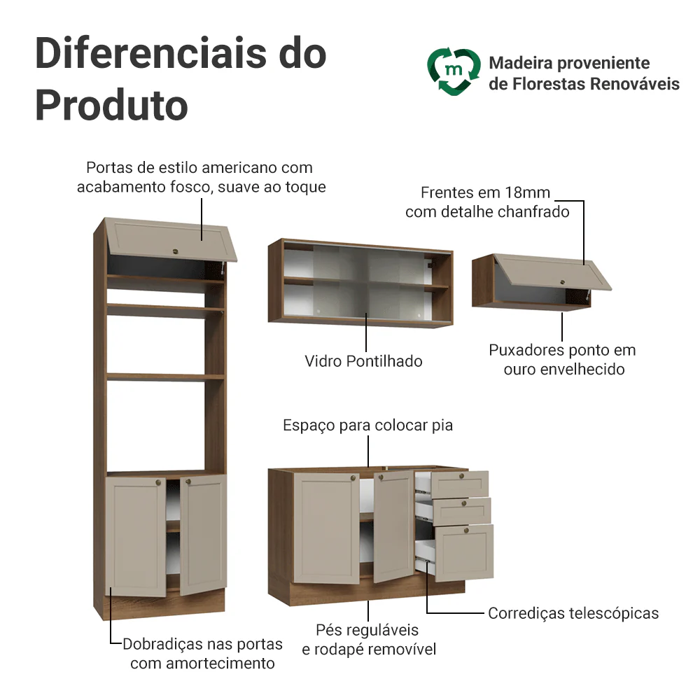 Armário de Cozinha Completa 270 cm Rustic/Crema Vik Madesa 03 - Image 4