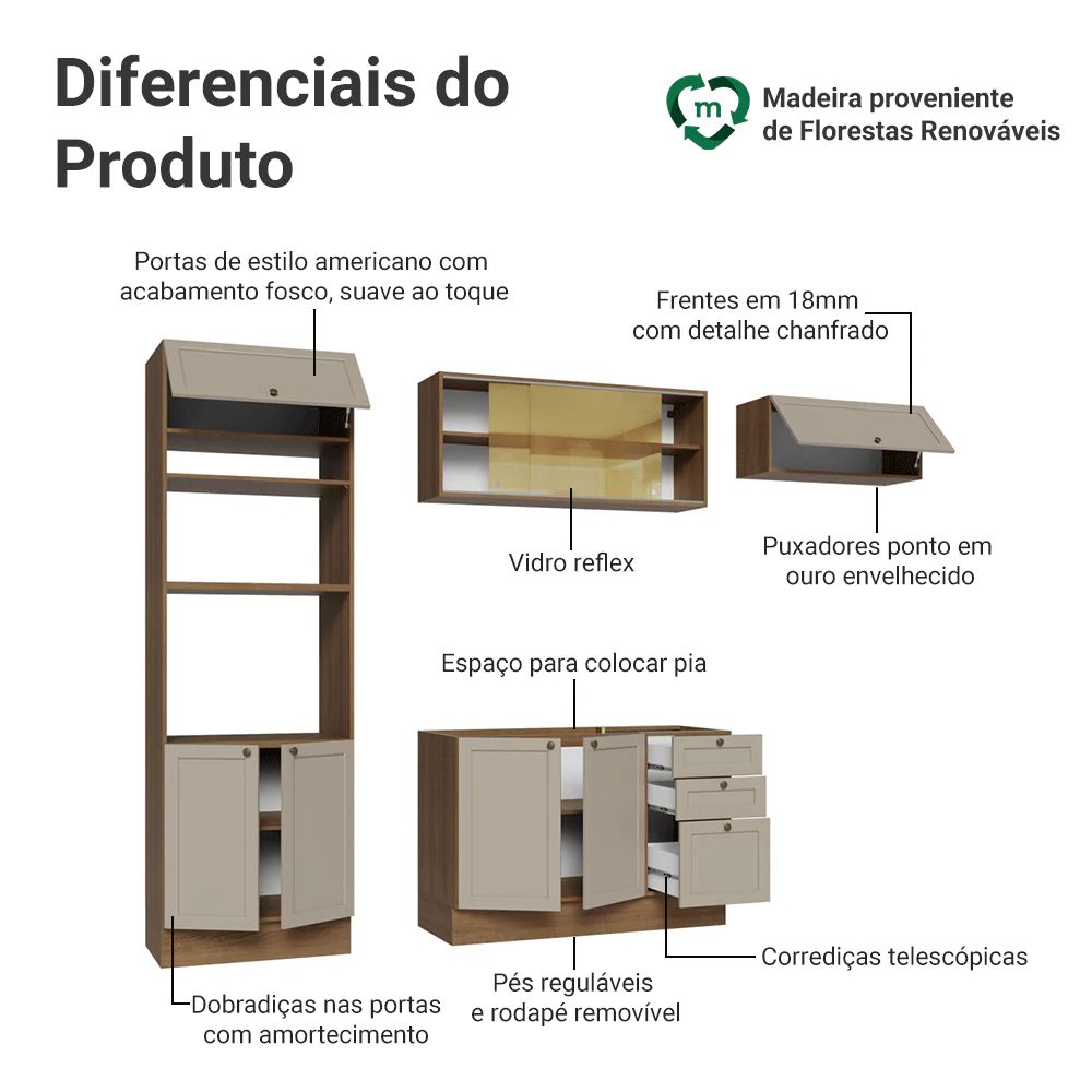 Armário de Cozinha Completa 270 cm Rustic/Crema Vik Madesa 04 - Image 4