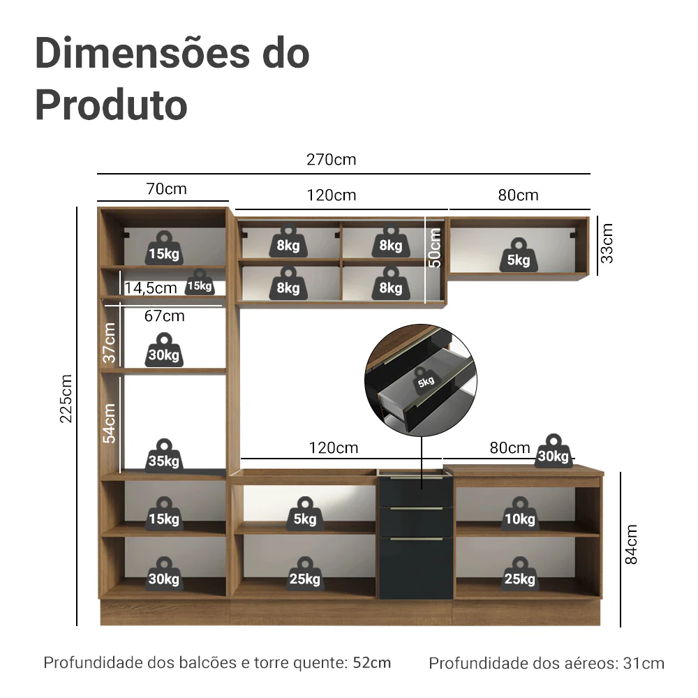 Armário de Cozinha Completa 270 cm Rustic/Preto Lux Madesa 05 - Image 3
