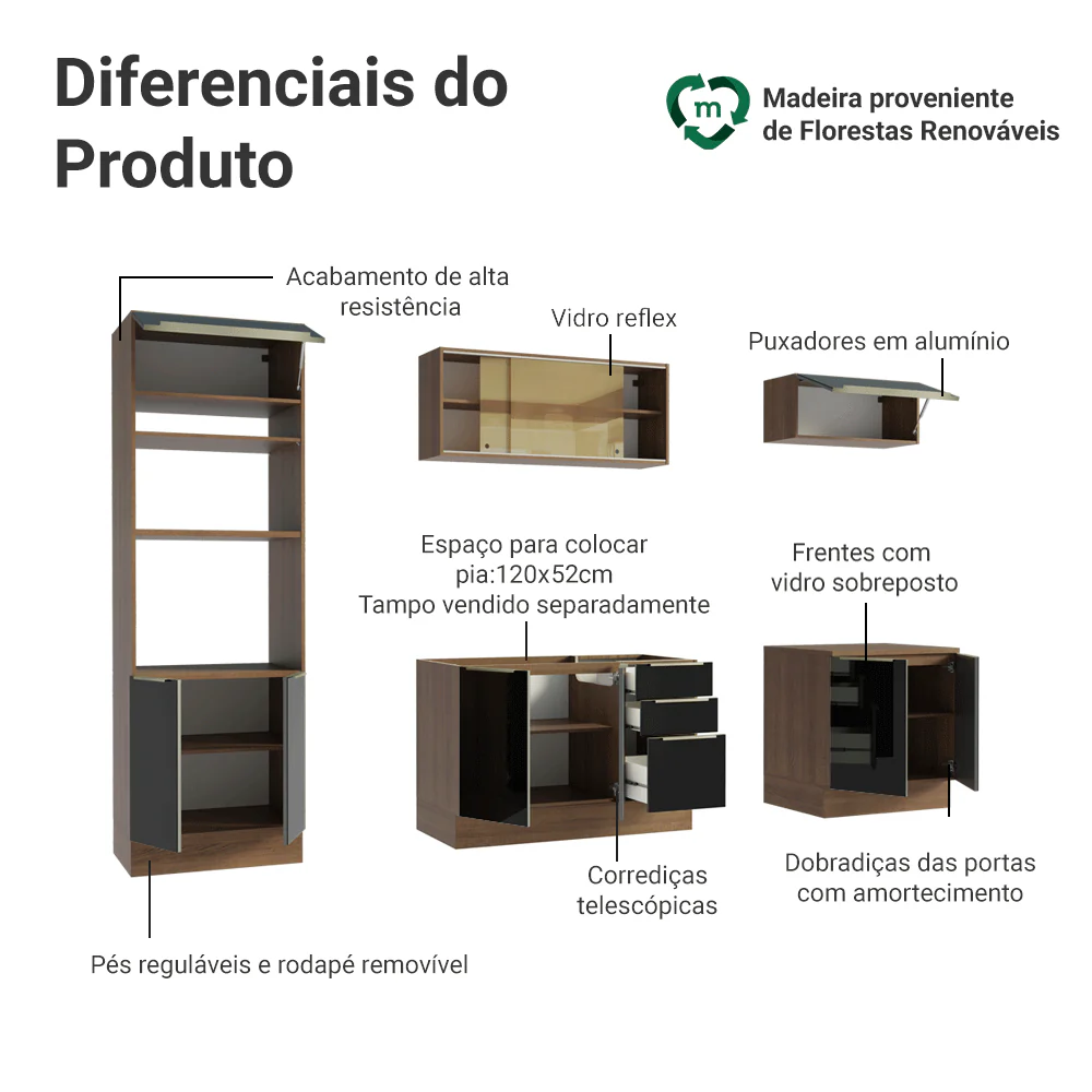 Armário de Cozinha Completa 270 cm Rustic/Preto Lux Madesa 05 - Image 4