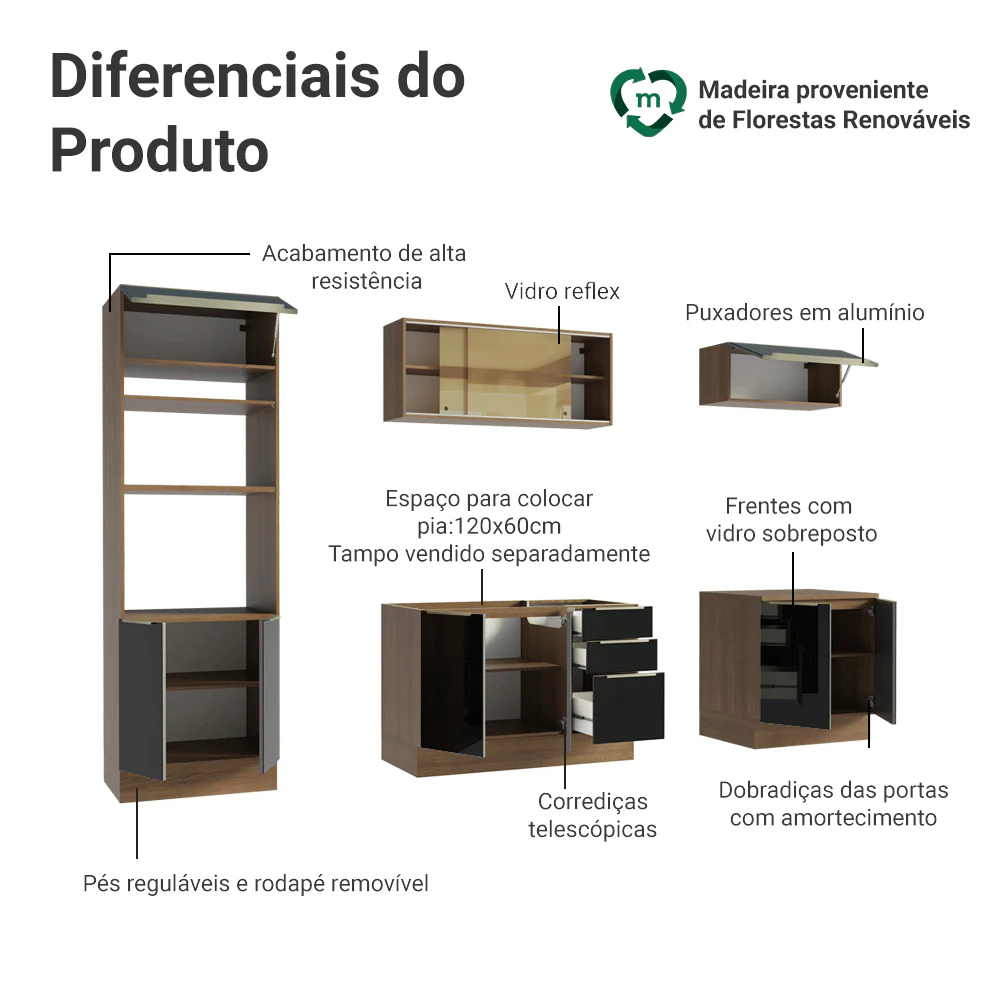 Armário de Cozinha Completa 270 x 60 cm Rustic/Preto Lux Madesa 06 - Image 4