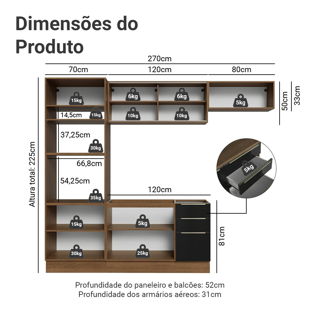 Armário de Cozinha Completa 270 cm Rustic/Preto Lux Madesa 07 - Image 3