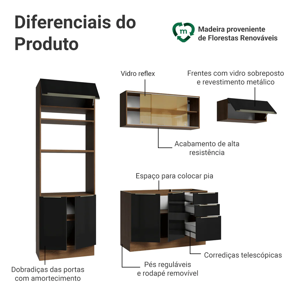 Armário de Cozinha Completa 270 cm Rustic/Preto Lux Madesa 07 - Image 4