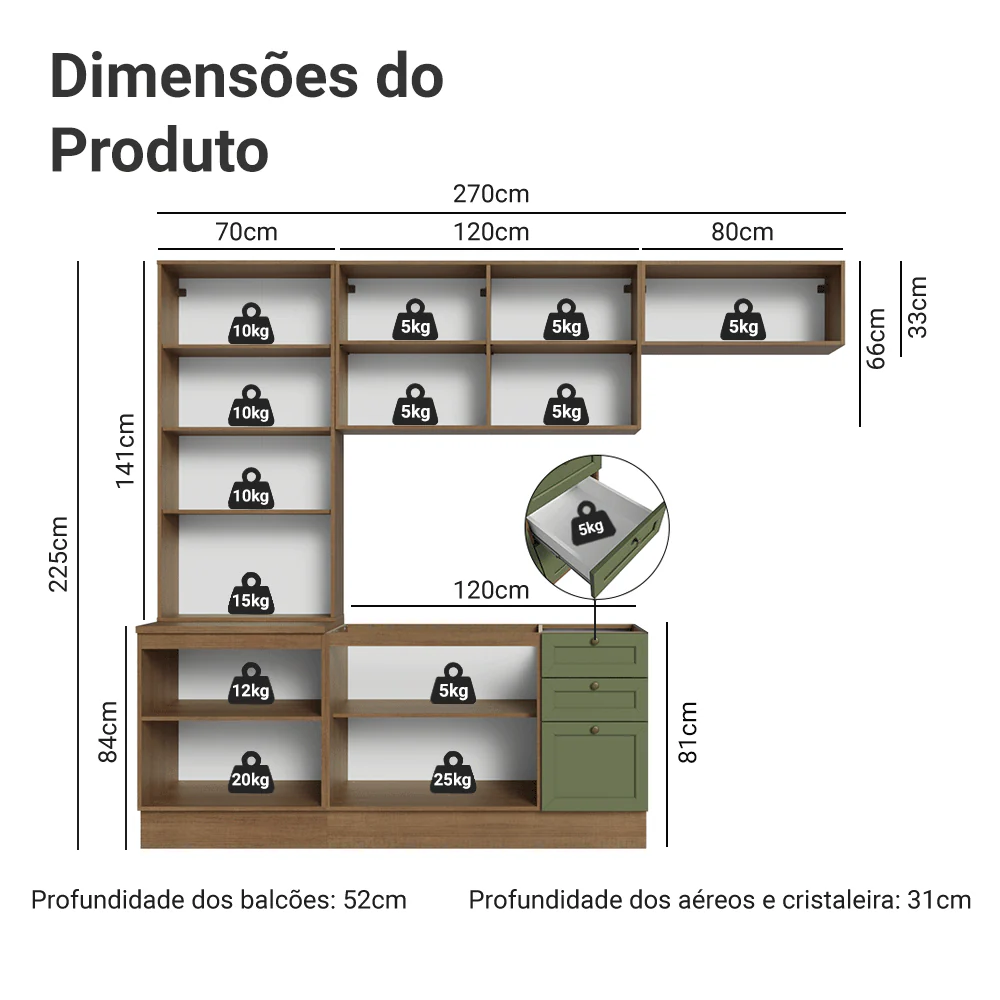 Armário de Cozinha Completa 270 cm Rustic/Verde Vik Madesa 05 - Image 3
