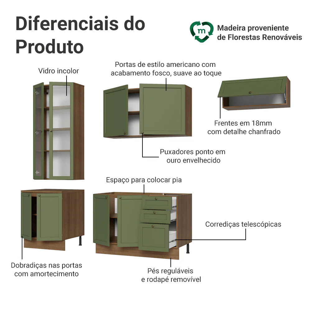 Armário de Cozinha Completa 270 cm Rustic/Verde Vik Madesa 05 - Image 4