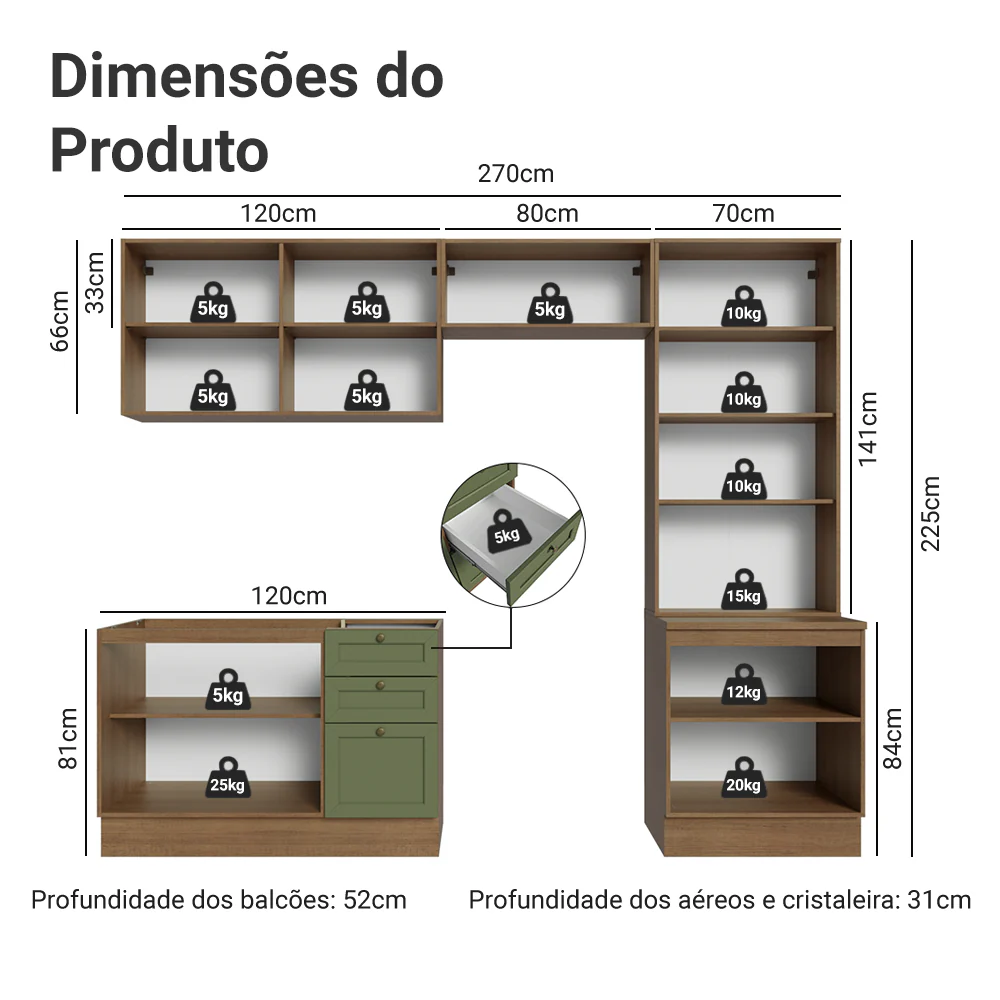 Armário de Cozinha Completa 270 cm Rustic/Verde Vik Madesa 06 - Image 3