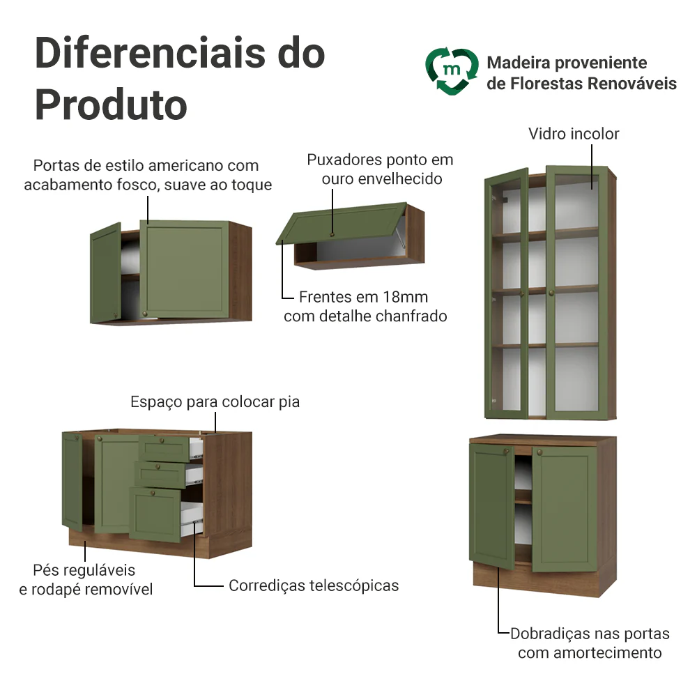 Armário de Cozinha Completa 270 cm Rustic/Verde Vik Madesa 06 - Image 4