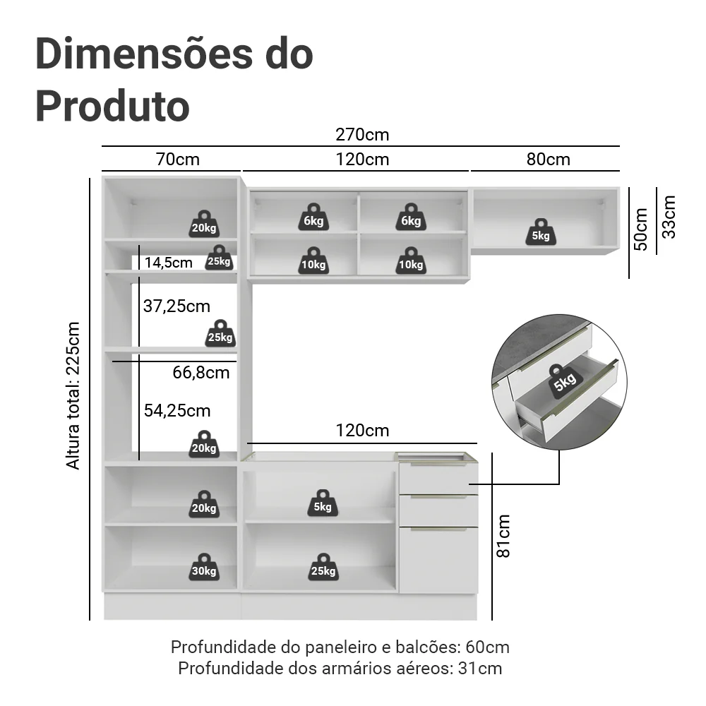 Armário de Cozinha Completa 270 x 60 cm Branco/Branco Veludo Lux Madesa 08 - Image 3