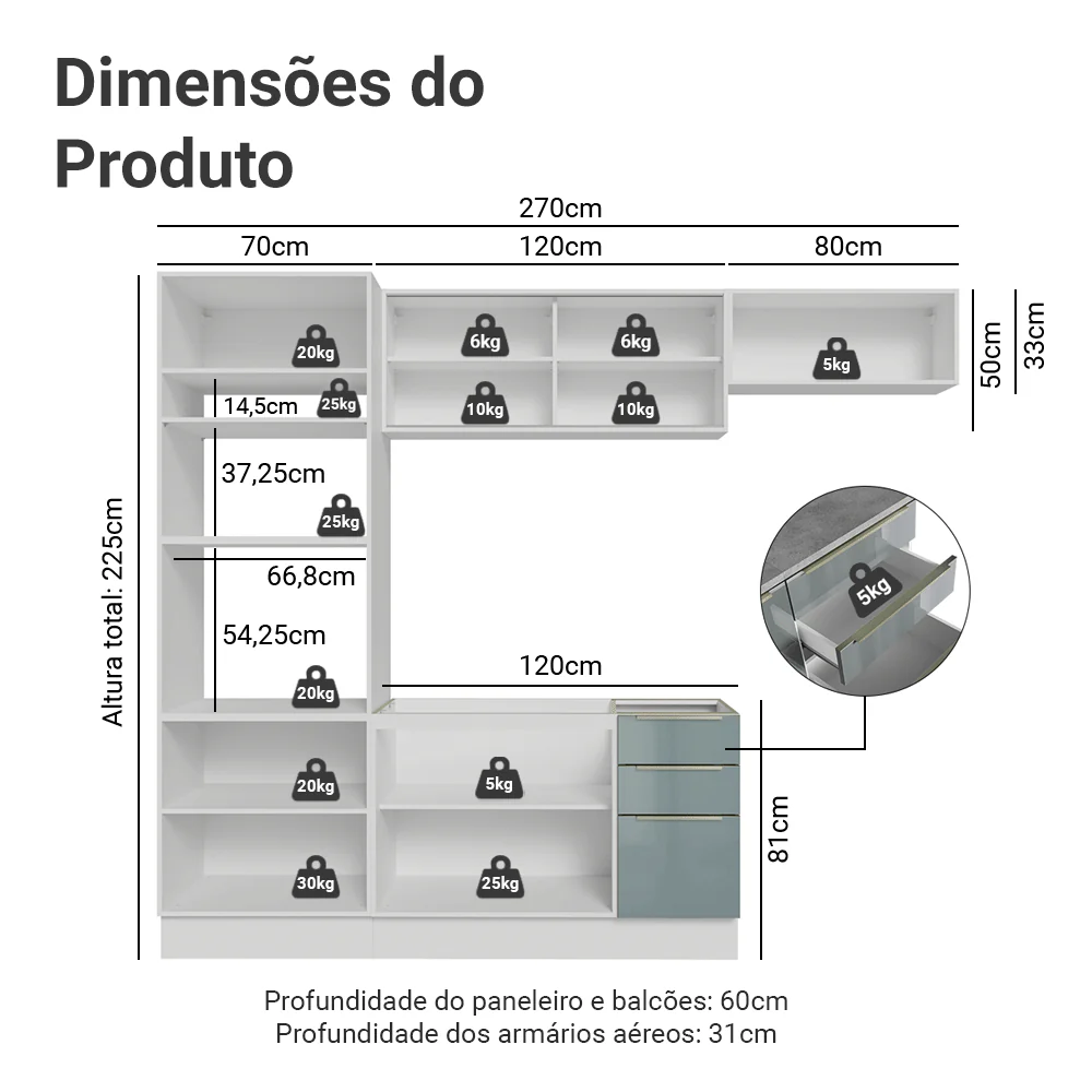 Armário de Cozinha Completa 270 x 60 cm Branco/Cinza Lux Madesa 08 - Image 3