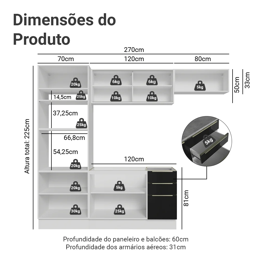 Armário de Cozinha Completa 270 x 60 cm Branco/Preto Lux Madesa 08 - Image 3