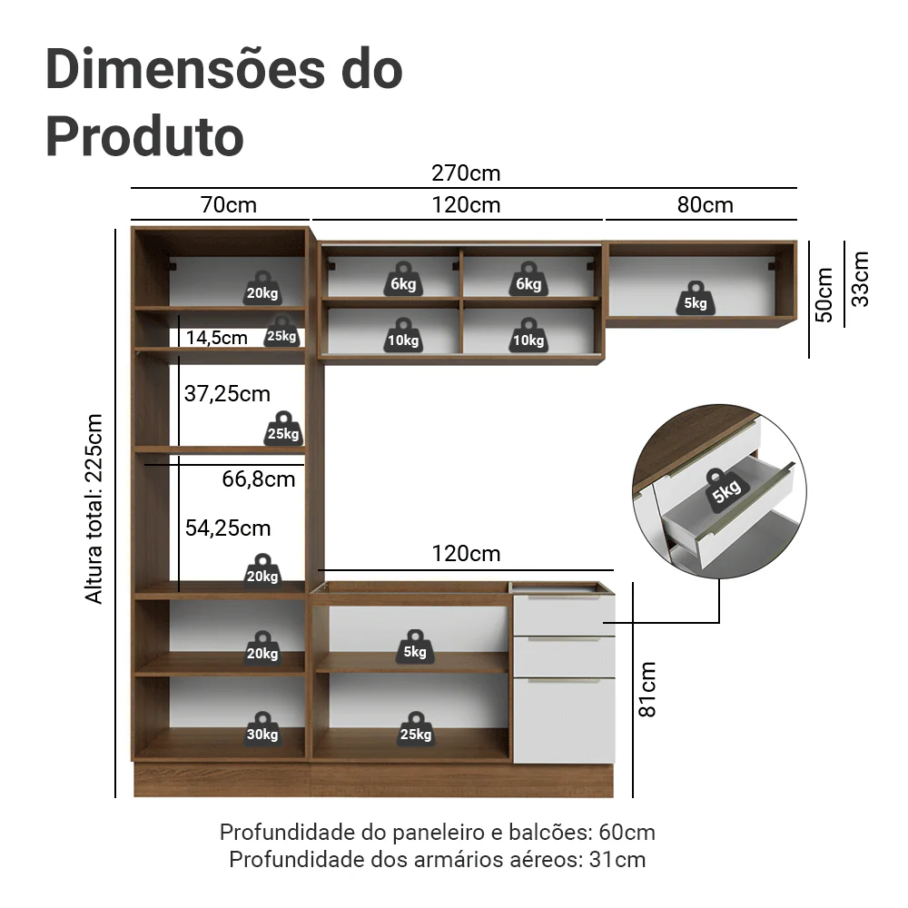 Armário de Cozinha Completa 270 x 60 cm Rustic/Branco Veludo Lux Madesa 08 - Image 3