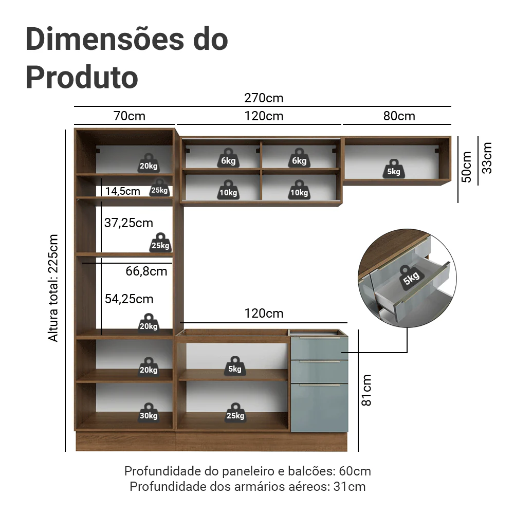 Armário de Cozinha Completa 270 x 60 cm Rustic/Cinza Lux Madesa 08 - Image 3