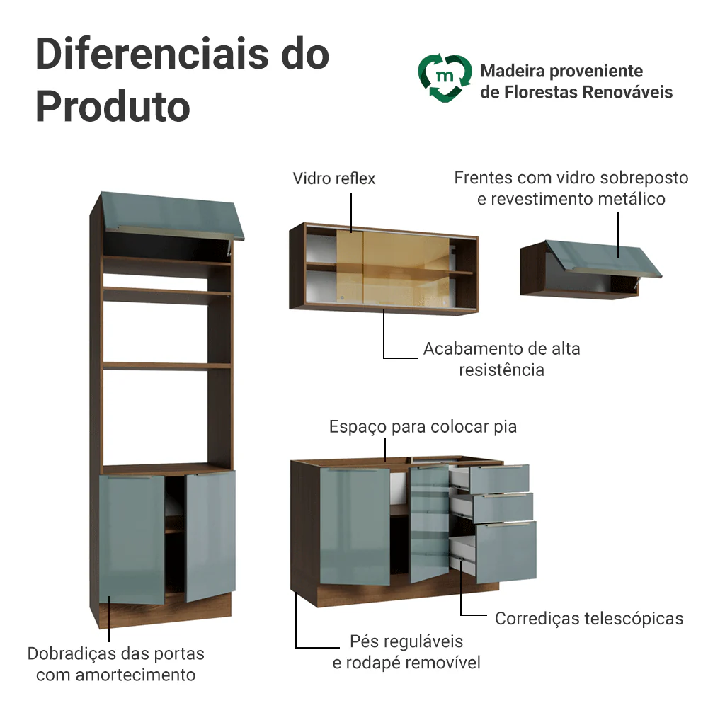Armário de Cozinha Completa 270 x 60 cm Rustic/Cinza Lux Madesa 08 - Image 4