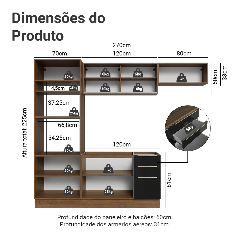 Armário de Cozinha Completa 270 x 60 cm Rustic/Preto Lux Madesa 08 - Image 3