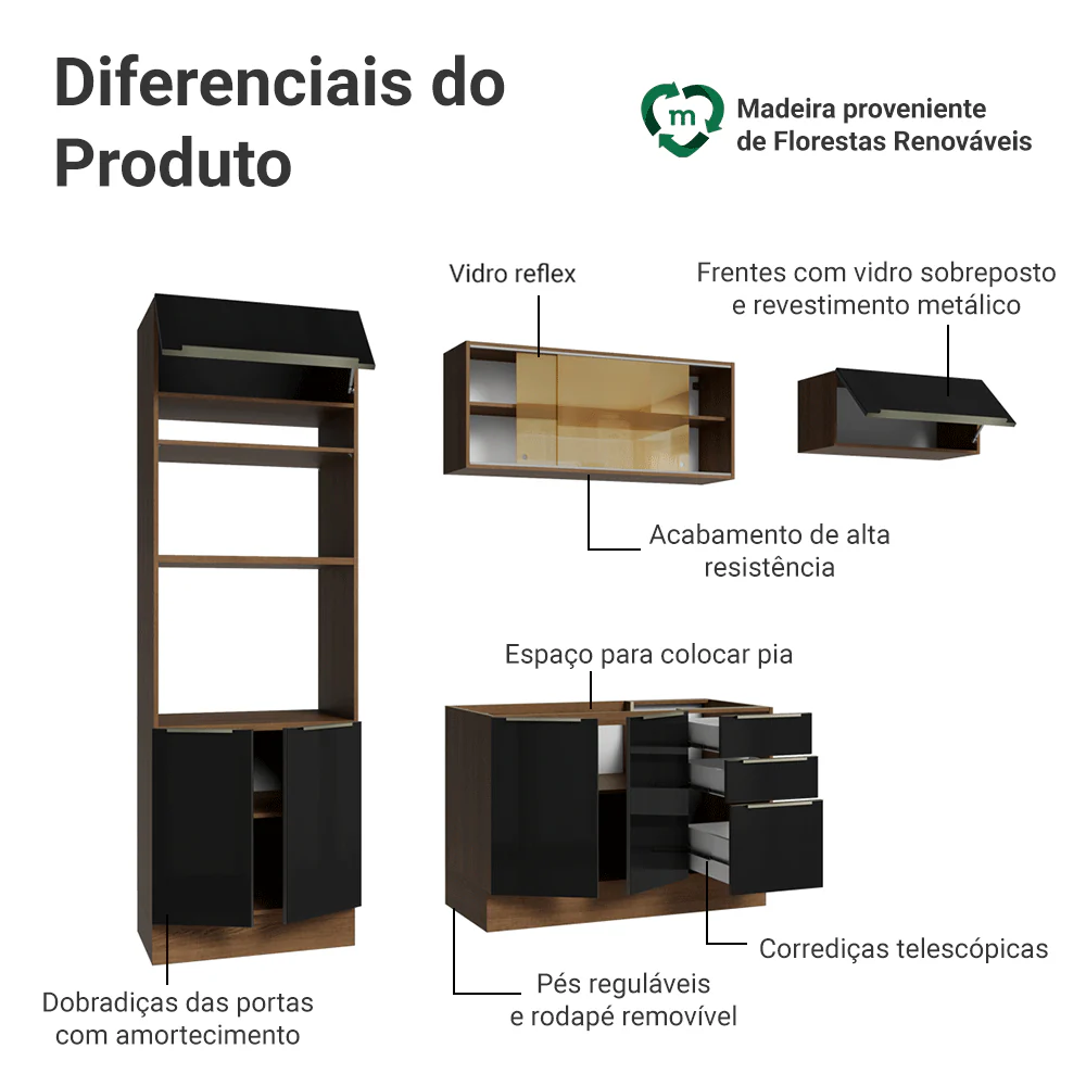 Armário de Cozinha Completa 270 x 60 cm Rustic/Preto Lux Madesa 08 - Image 4
