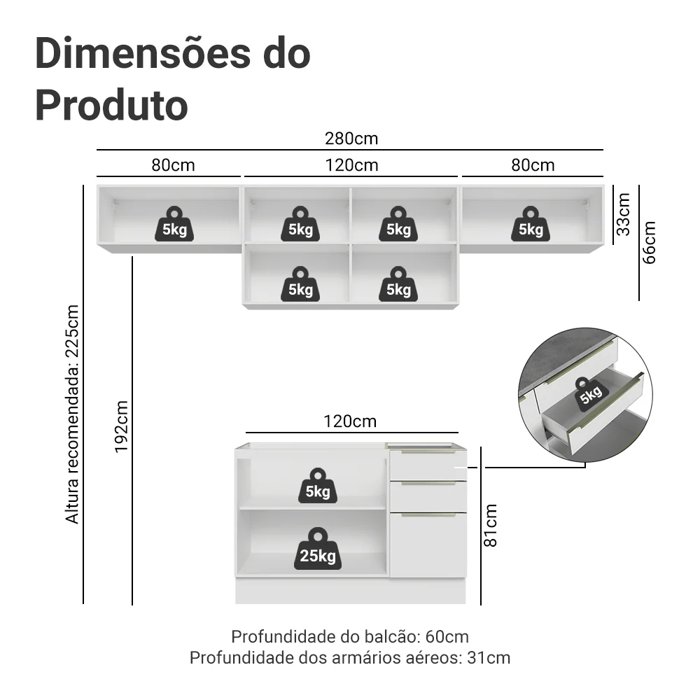 Armário de Cozinha Completa 280 x 60 cm Branco/Branco Veludo Lux Madesa 02 - Image 3
