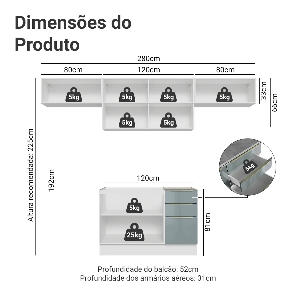 Armário de Cozinha Completa 280 cm Branco/Cinza Lux Madesa 01 - Image 3
