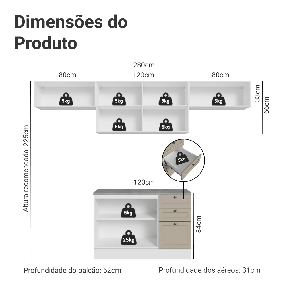 Armário de Cozinha Completa 280 cm Branco/Crema Vik Madesa 01 - Image 3
