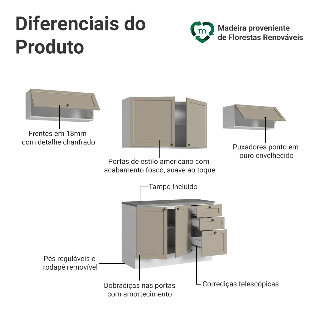 Armário de Cozinha Completa 280 cm Branco/Crema Vik Madesa 01 - Image 4