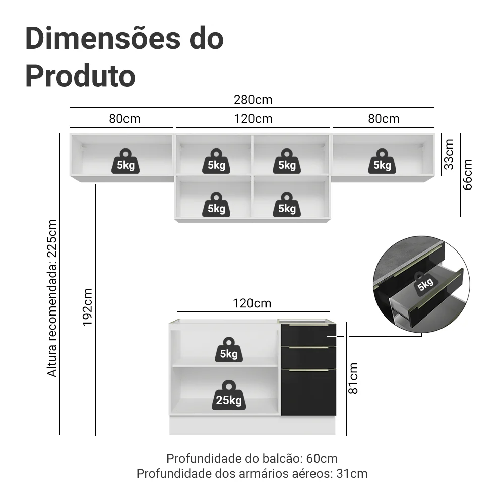 Armário de Cozinha Completa 280 x 60 cm Branco/Preto Lux Madesa 02 - Image 3