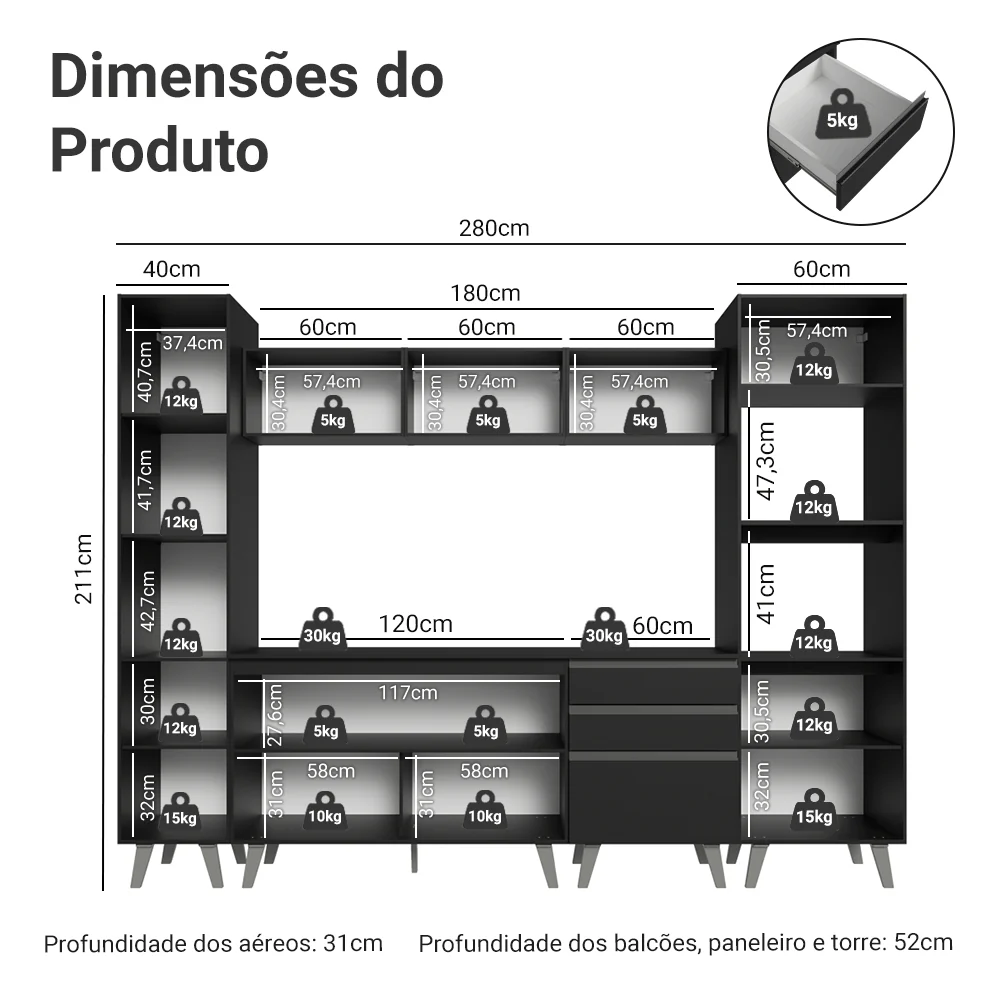 Armário de Cozinha Completa 280 cm Preto Nice Madesa 01 - Image 3