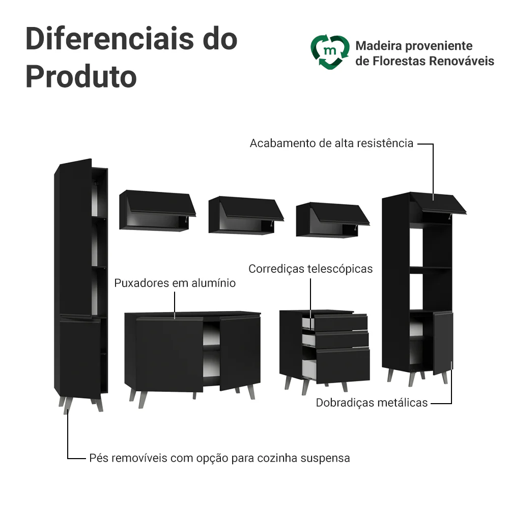 Armário de Cozinha Completa 280 cm Preto Nice Madesa 01 - Image 4