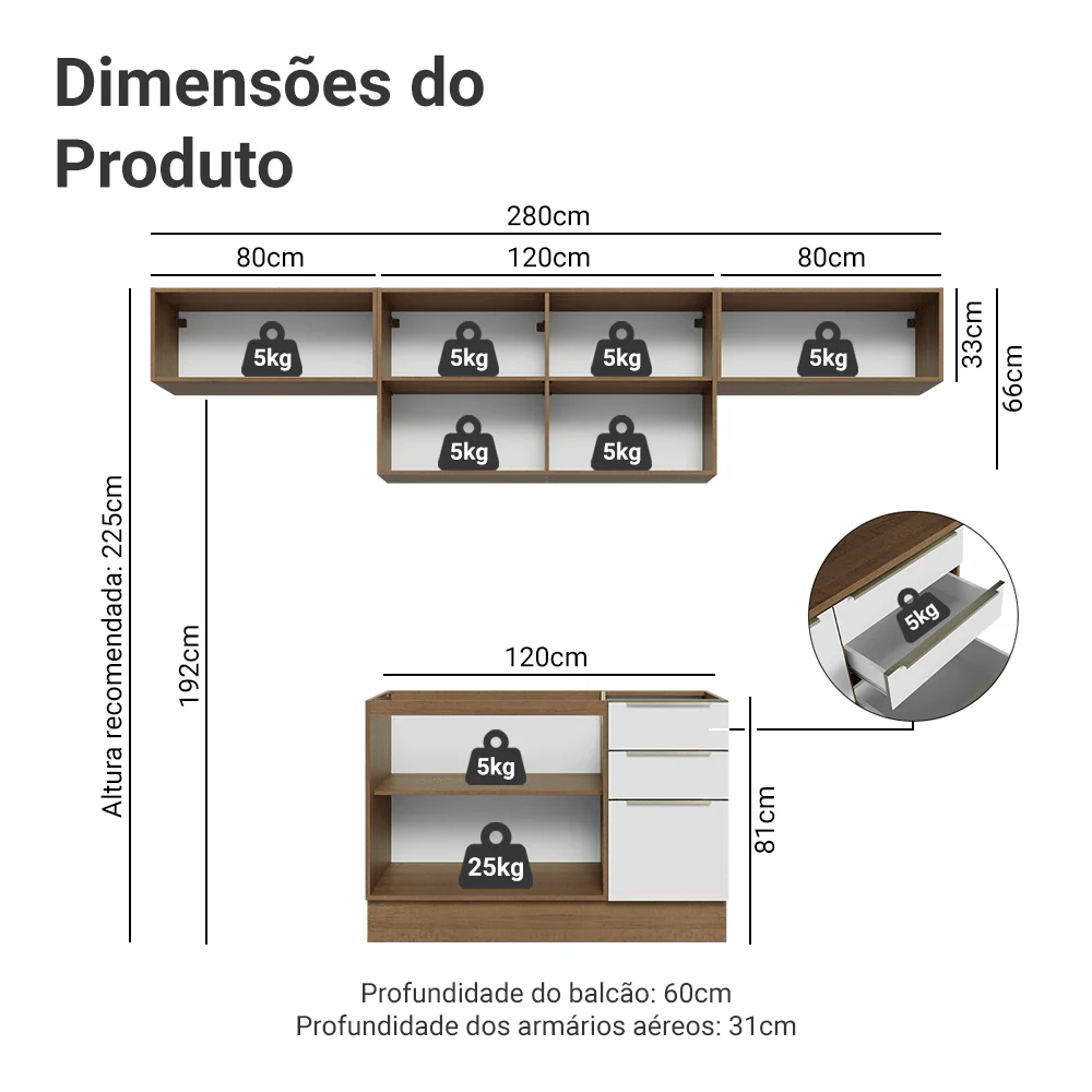 Armário de Cozinha Completa 280 x 60 cm Rustic/Branco Veludo Lux Madesa 02 - Image 3
