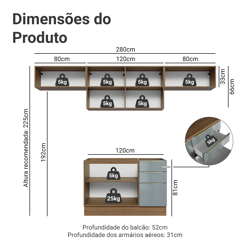 Armário de Cozinha Completa 280 cm Rustic/Cinza Lux Madesa 01 - Image 3